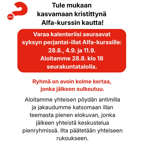 Alfa -kurssin mainos. Punainen kysymysmerkki.