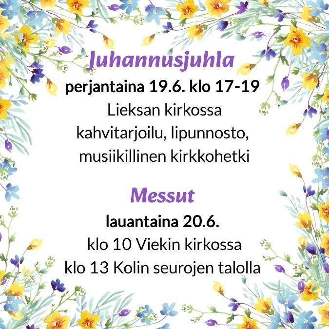 Kauniita kesän kukkia kuvan reunoissa ja kerrontaa juhannusjuhlasta.