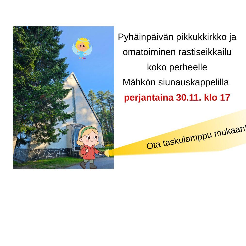 pyhäinpäivän pikkukirkko Mähkön hautausmaalla perjantaina 30.10. klo 17 ja rastiseikkailu